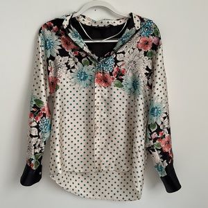 Zara basic collection small polka dot multicolor floral silky button down blouse